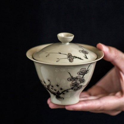 Plant Ash Plum Blossom Gaiwan Chinese Retro Ceramic Cover Bowl Simple Grey Tea Making Bowl Handmade Tea Set Cups