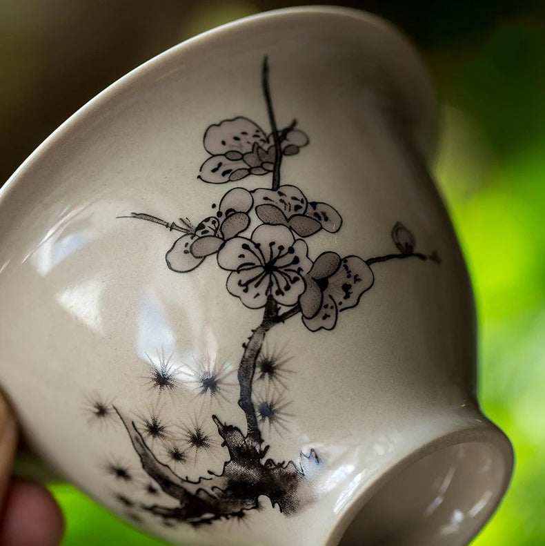 Plant Ash Plum Blossom Gaiwan Chinese Retro Ceramic Cover Bowl Simple Grey Tea Making Bowl Handmade Tea Set Cups