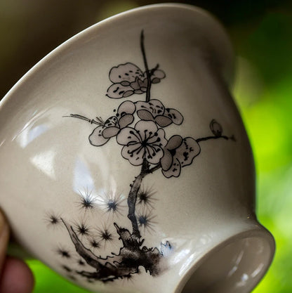Plant Ash Plum Blossom Gaiwan Chinese Retro Ceramic Cover Bowl Simple Grey Tea Making Bowl Handmade Tea Set Cups