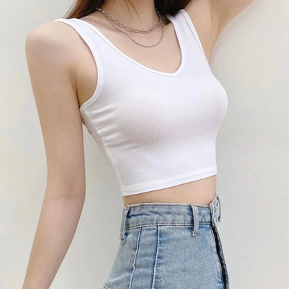 Please use this size; S/4 M/6 L/8 V Neck Summer Top Sleeveless Women Sexy Basic T Shirt White Ribbed Black Tank Top Casual