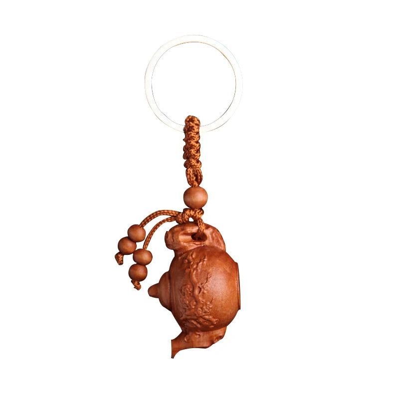 Plum Blossom Tea Pot Peach Wood Keychain, Stereoscopic Car Keychain, Mascot, Christmas Gift Fengshui