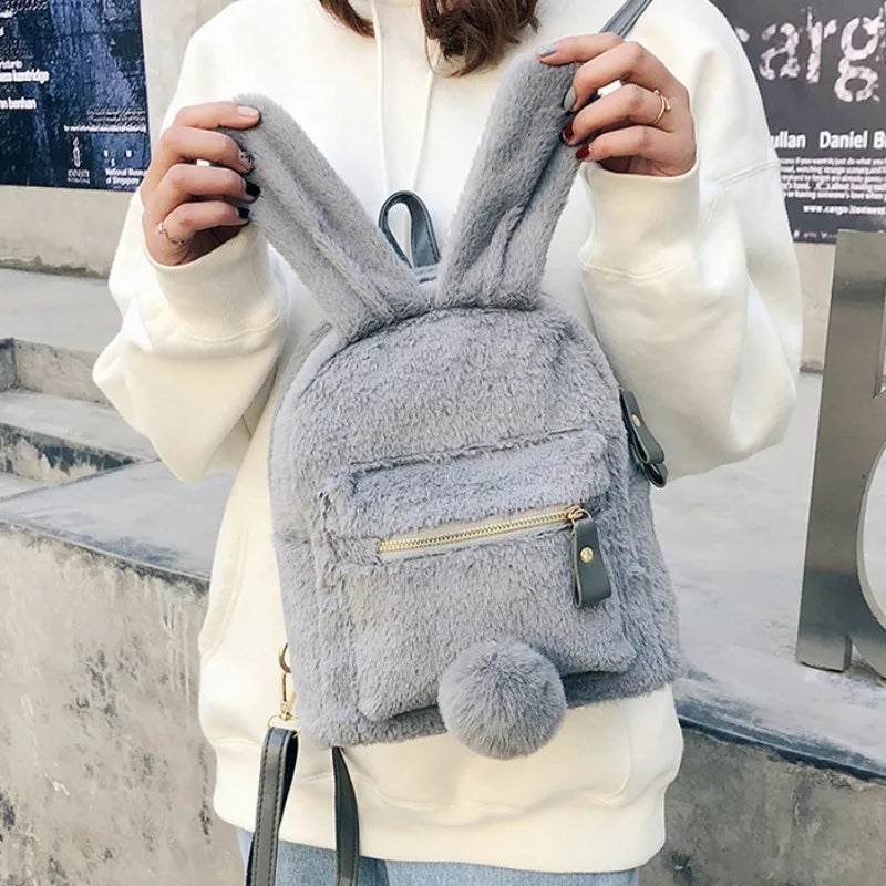 Plush Bunny Ears Backpack Kids Backpack Student School Bag Cartoon Plush Bunny Girl Outdoor Versatile Travel Rucksack
