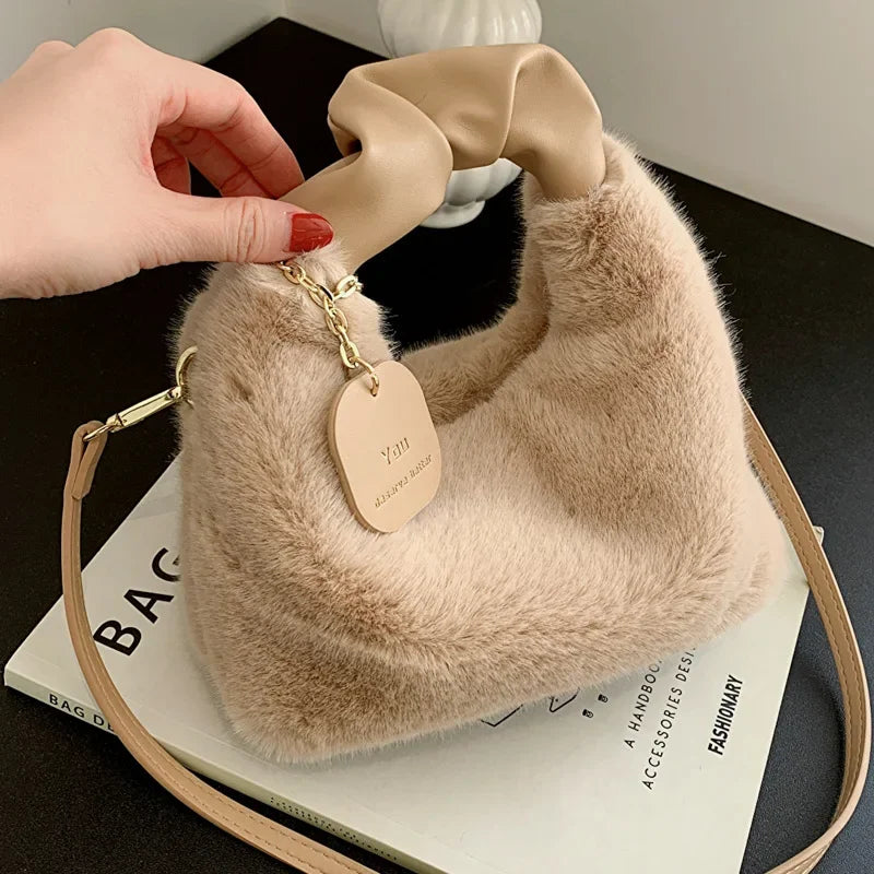 Plush Pleated Handbag 2024 New Korean Style Girl's Crossbody Bag Luxury Bags  Ladies Hand Bags Luxury Designer Handbag