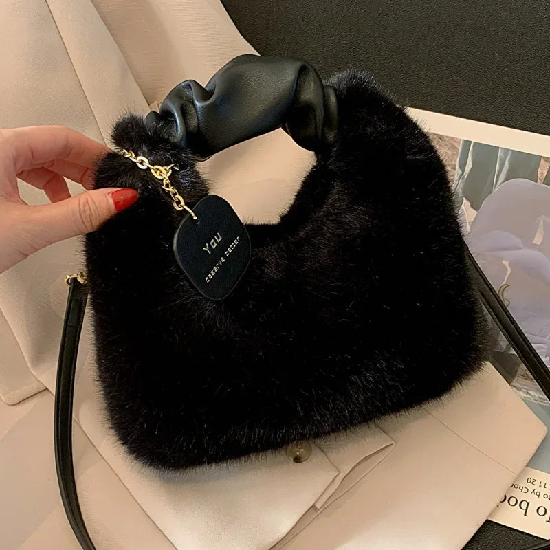 Plush Pleated Handbag 2024 New Korean Style Girl's Crossbody Bag Luxury Bags  Ladies Hand Bags Luxury Designer Handbag