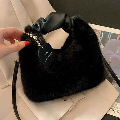Plush Pleated Handbag 2024 New Korean Style Girl's Crossbody Bag Luxury Bags  Ladies Hand Bags Luxury Designer Handbag
