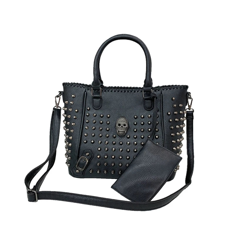 Popular Fashion Womens Personalise Punk Rivet Skull Shoulder Bag Handbag Black