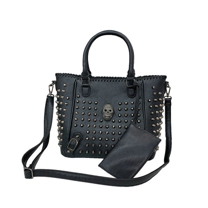 Popular Fashion Womens Personalise Punk Rivet Skull Shoulder Bag Handbag Black