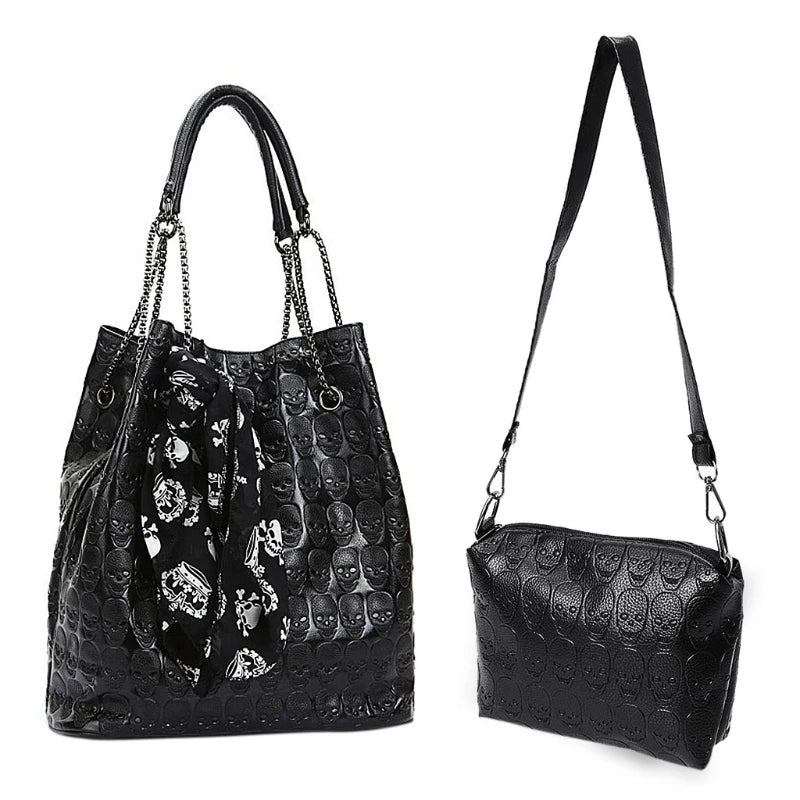 Popular Fashion Womens Personalise Punk Rivet Skull Shoulder Bag Handbag Black