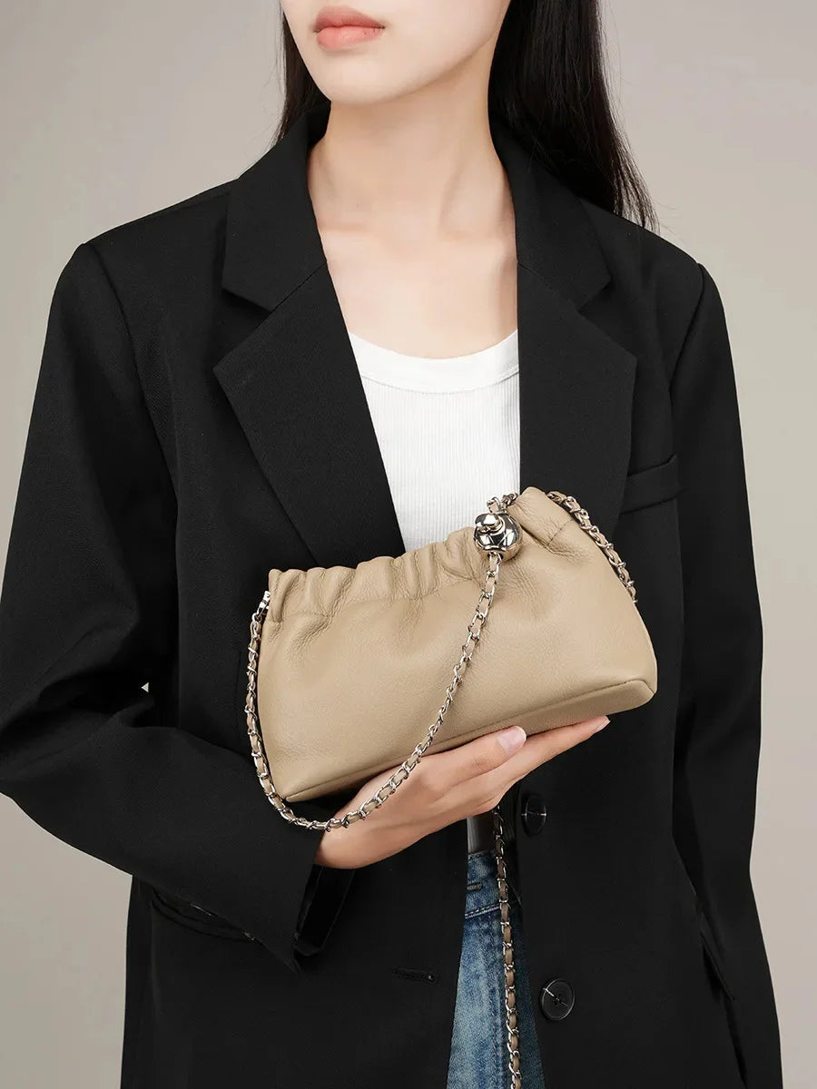 Popular Underarm Advanced Sense Cloud Fold Female Cowhide Single Shoulder Crossbody Bag Gold Ball Chain