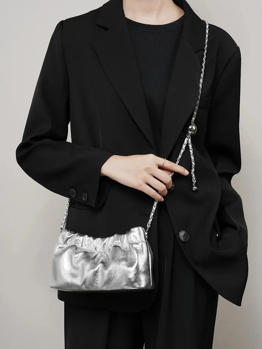 Popular Underarm Advanced Sense Cloud Fold Female Cowhide Single Shoulder Crossbody Bag Gold Ball Chain