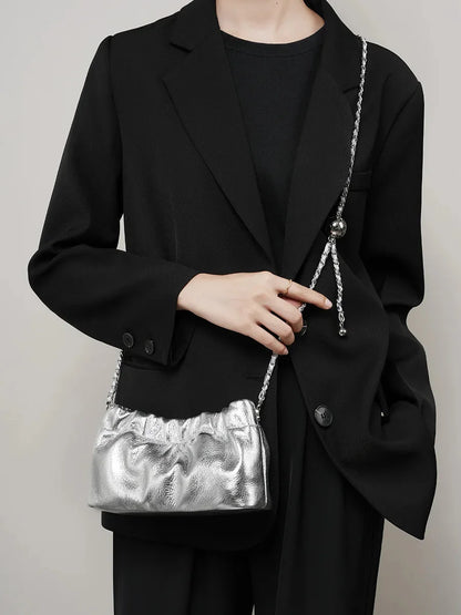 Popular Underarm Advanced Sense Cloud Fold Female Cowhide Single Shoulder Crossbody Bag Gold Ball Chain