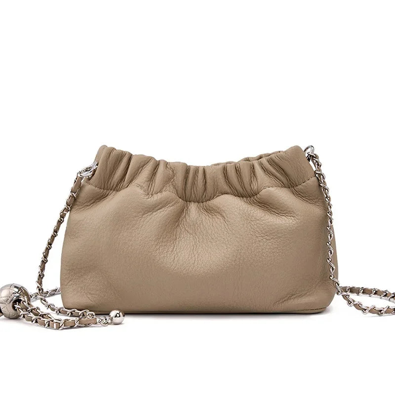 Popular Underarm Advanced Sense Cloud Fold Female Cowhide Single Shoulder Crossbody Bag Gold Ball Chain