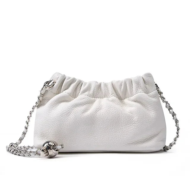 Popular Underarm Advanced Sense Cloud Fold Female Cowhide Single Shoulder Crossbody Bag Gold Ball Chain