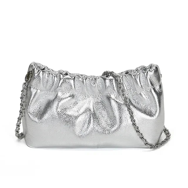 Popular Underarm Advanced Sense Cloud Fold Female Cowhide Single Shoulder Crossbody Bag Gold Ball Chain
