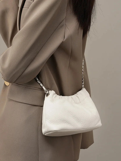 Popular Underarm Advanced Sense Cloud Fold Female Cowhide Single Shoulder Crossbody Bag Gold Ball Chain