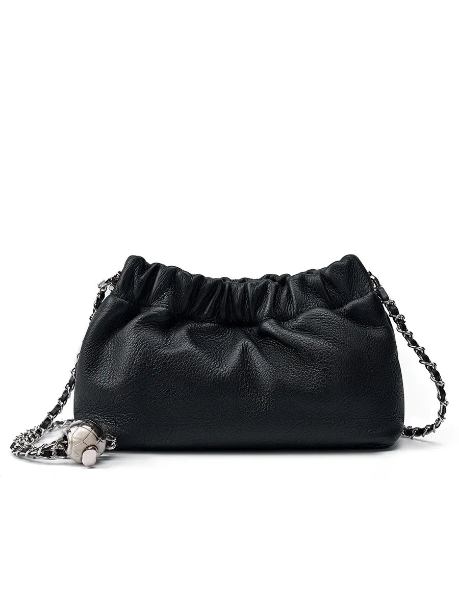 Popular Underarm Advanced Sense Cloud Fold Female Cowhide Single Shoulder Crossbody Bag Gold Ball Chain