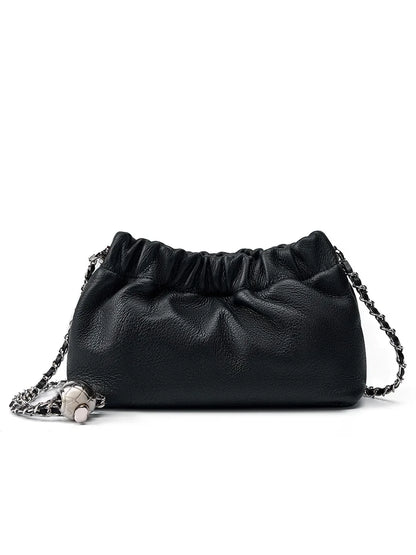 Popular Underarm Advanced Sense Cloud Fold Female Cowhide Single Shoulder Crossbody Bag Gold Ball Chain