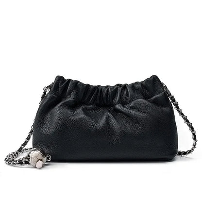 Popular Underarm Advanced Sense Cloud Fold Female Cowhide Single Shoulder Crossbody Bag Gold Ball Chain