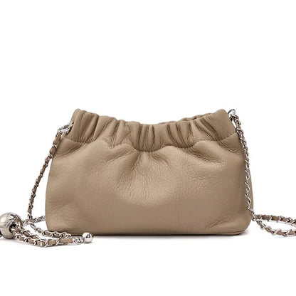 Popular Underarm Advanced Sense Cloud Fold Female Cowhide Single Shoulder Crossbody Bag Gold Ball Chain