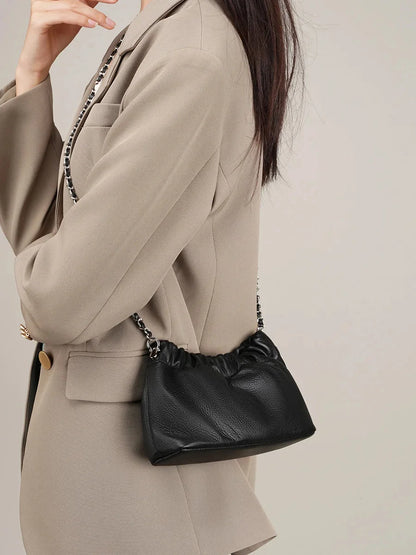 Popular Underarm Advanced Sense Cloud Fold Female Cowhide Single Shoulder Crossbody Bag Gold Ball Chain