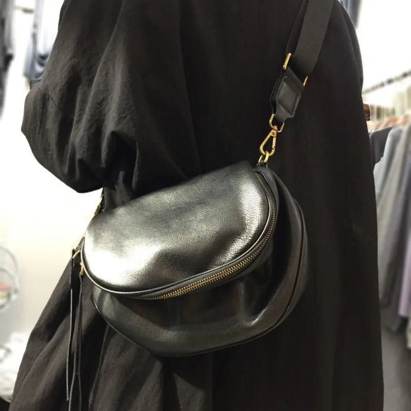 Popular Vintage Cow Leather Shoulder Bags Y2k Simple High-capacity Crossbody Bag 2024 Autumn New Zipper Bags Female Bolsos Mujer