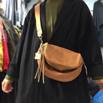Popular Vintage Cow Leather Shoulder Bags Y2k Simple High-capacity Crossbody Bag 2024 Autumn New Zipper Bags Female Bolsos Mujer