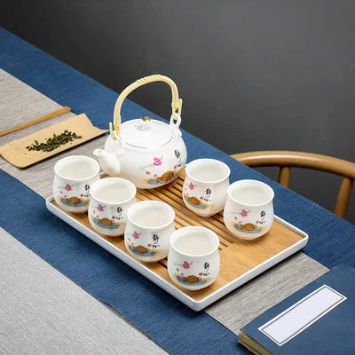 Porcelain 1 Pot 6 Cups Tea Set Chinese Style Ceramic Kung Fu Infuser Teapot Kettle Portable Tea Ceremony Teaware Sets with Tray