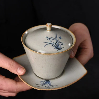 Porcelain Gaiwan of Orchid Grass and Wood, Hand-Painted Single Ceremony Bowl, Kiln Baked, Kung Fu Tea Set, Small Size, Retro
