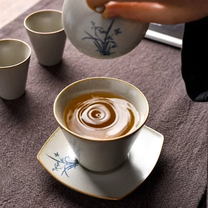 Porcelain Gaiwan of Orchid Grass and Wood, Hand-Painted Single Ceremony Bowl, Kiln Baked, Kung Fu Tea Set, Small Size, Retro