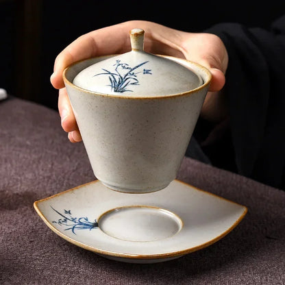 Porcelain Gaiwan of Orchid Grass and Wood, Hand-Painted Single Ceremony Bowl, Kiln Baked, Kung Fu Tea Set, Small Size, Retro