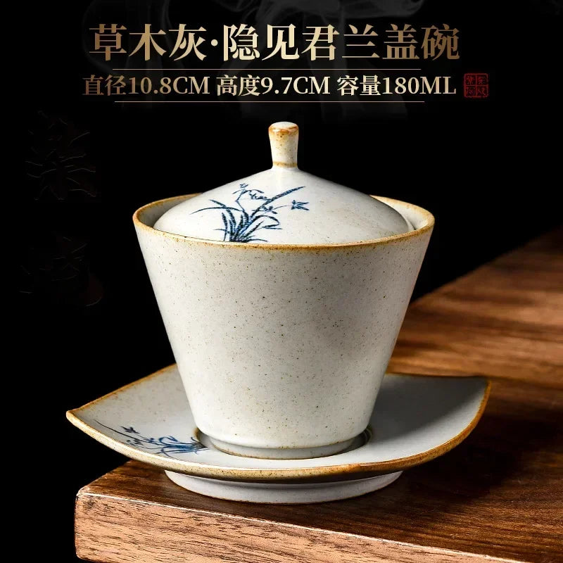 Porcelain Gaiwan of Orchid Grass and Wood, Hand-Painted Single Ceremony Bowl, Kiln Baked, Kung Fu Tea Set, Small Size, Retro