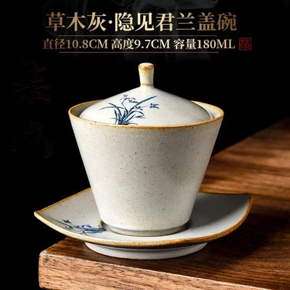 Porcelain Gaiwan of Orchid Grass and Wood, Hand-Painted Single Ceremony Bowl, Kiln Baked, Kung Fu Tea Set, Small Size, Retro