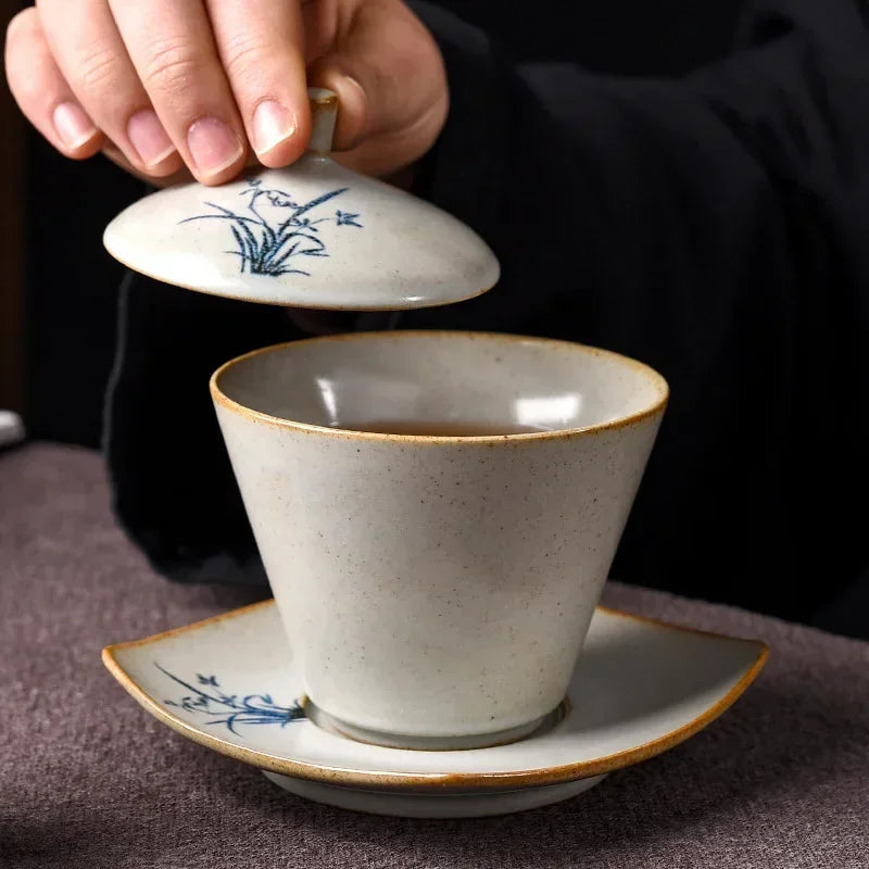 Porcelain Gaiwan of Orchid Grass and Wood, Hand-Painted Single Ceremony Bowl, Kiln Baked, Kung Fu Tea Set, Small Size, Retro