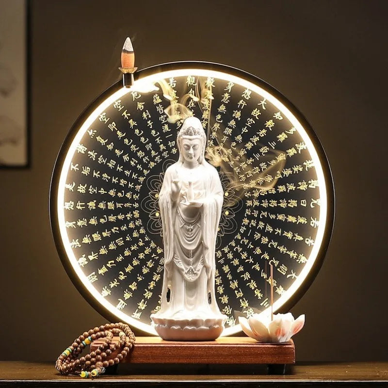 Porcelain Guanyin Statue with LED, USB-Powered, Zen Creative Backflow Incense Burner, Living Room Decor, Worship