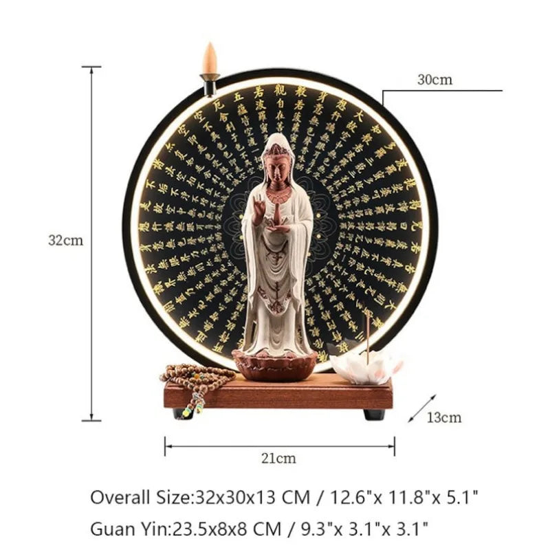 Porcelain Guanyin Statue with LED, USB-Powered, Zen Creative Backflow Incense Burner, Living Room Decor, Worship