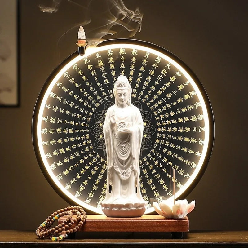 Porcelain Guanyin Statue with LED, USB-Powered, Zen Creative Backflow Incense Burner, Living Room Decor, Worship