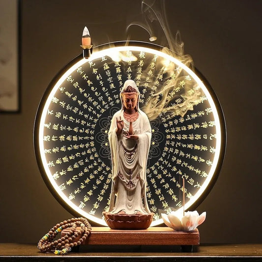 Porcelain Guanyin Statue with LED, USB-Powered, Zen Creative Backflow Incense Burner, Living Room Decor, Worship