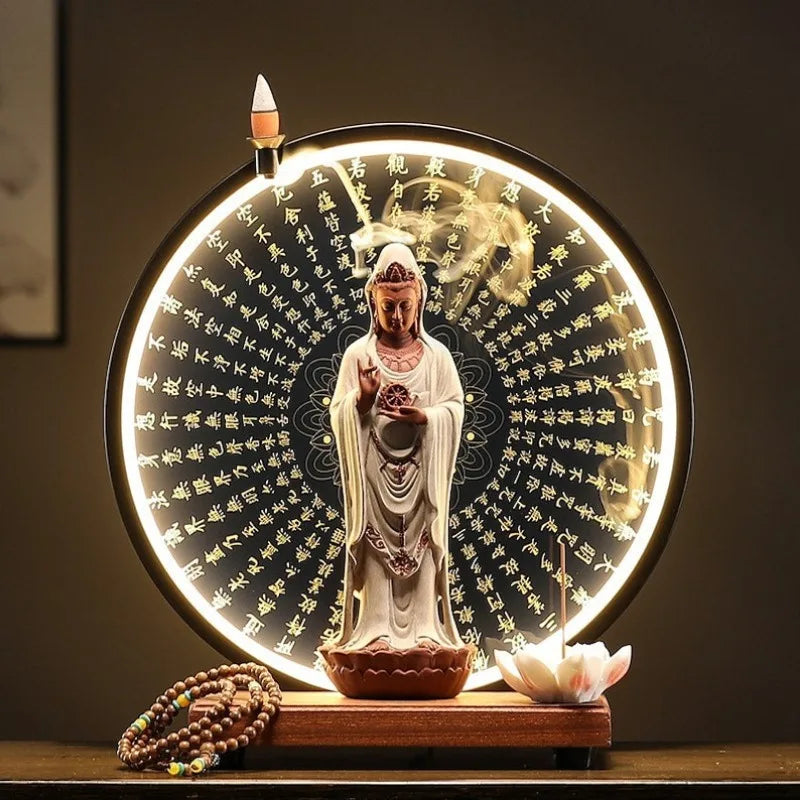 Porcelain Guanyin Statue with LED, USB-Powered, Zen Creative Backflow Incense Burner, Living Room Decor, Worship