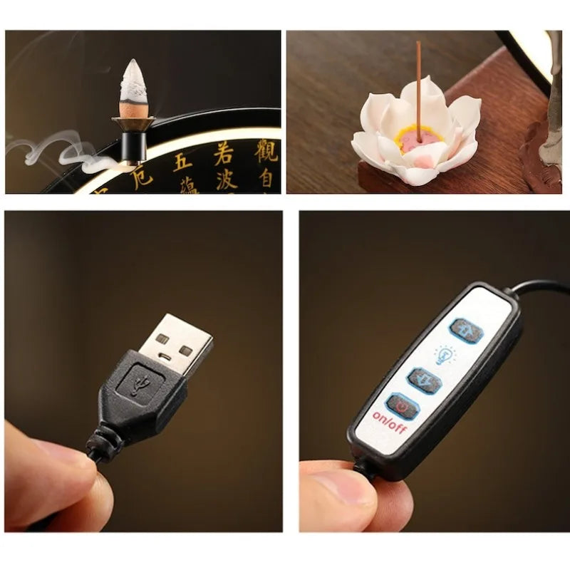 Porcelain Guanyin Statue with LED, USB-Powered, Zen Creative Backflow Incense Burner, Living Room Decor, Worship