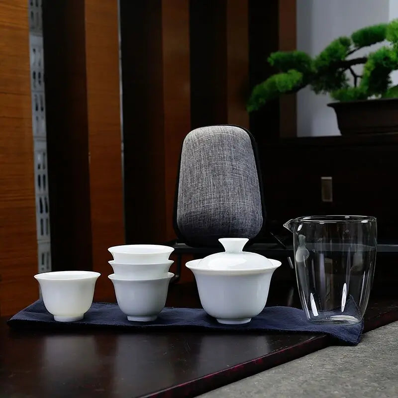 Porcelain Service Gaiwan Tea Cups Mug of Tea Ceremony Teapot,Chinese Portable Kung Fu Travel Tea Set, Ceramic Teacup with bag
