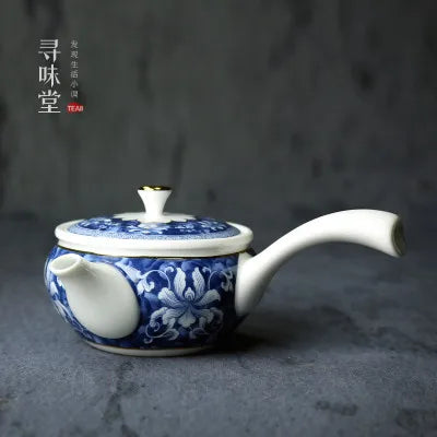 Porcelain Teapot High-grade Outline In Gold Blue And White Wood Pot Underglaze Color The Long Handle Pot Tea Set Free Shipping
