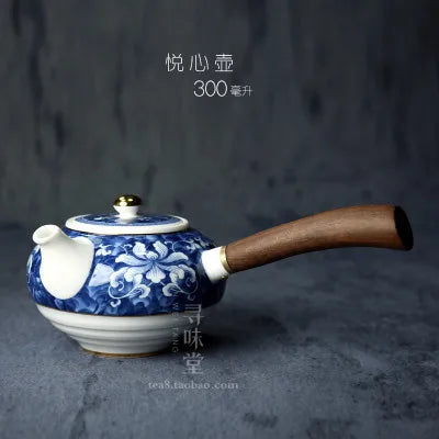 Porcelain Teapot High-grade Outline In Gold Blue And White Wood Pot Underglaze Color The Long Handle Pot Tea Set Free Shipping