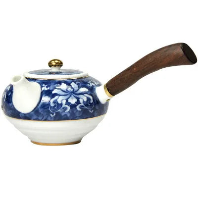 Porcelain Teapot High-grade Outline In Gold Blue And White Wood Pot Underglaze Color The Long Handle Pot Tea Set Free Shipping