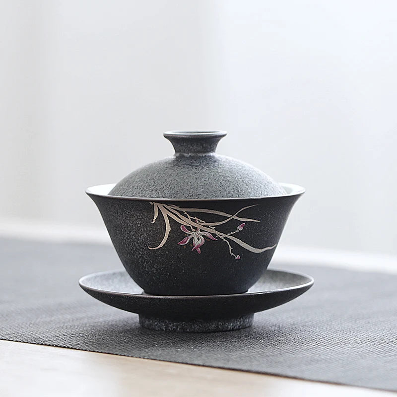 Porcelain gaiwan black iron glaze tureen orchid pattern Chinese tea cup bowl set gaiwan set ceramic China tureen cup saucer lid