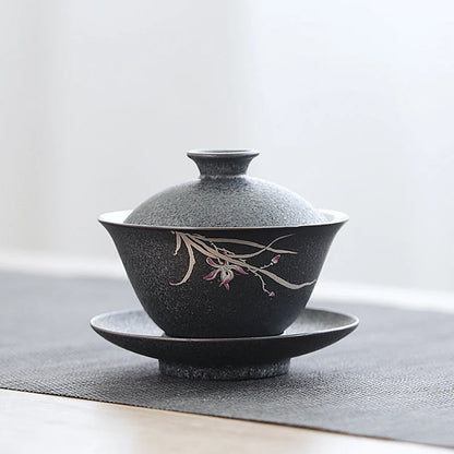 Porcelain gaiwan black iron glaze tureen orchid pattern Chinese tea cup bowl set gaiwan set ceramic China tureen cup saucer lid