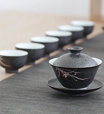 Porcelain gaiwan black iron glaze tureen orchid pattern Chinese tea cup bowl set gaiwan set ceramic China tureen cup saucer lid