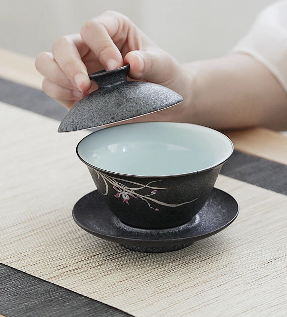 Porcelain gaiwan black iron glaze tureen orchid pattern Chinese tea cup bowl set gaiwan set ceramic China tureen cup saucer lid