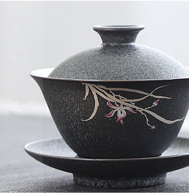 Porcelain gaiwan black iron glaze tureen orchid pattern Chinese tea cup bowl set gaiwan set ceramic China tureen cup saucer lid