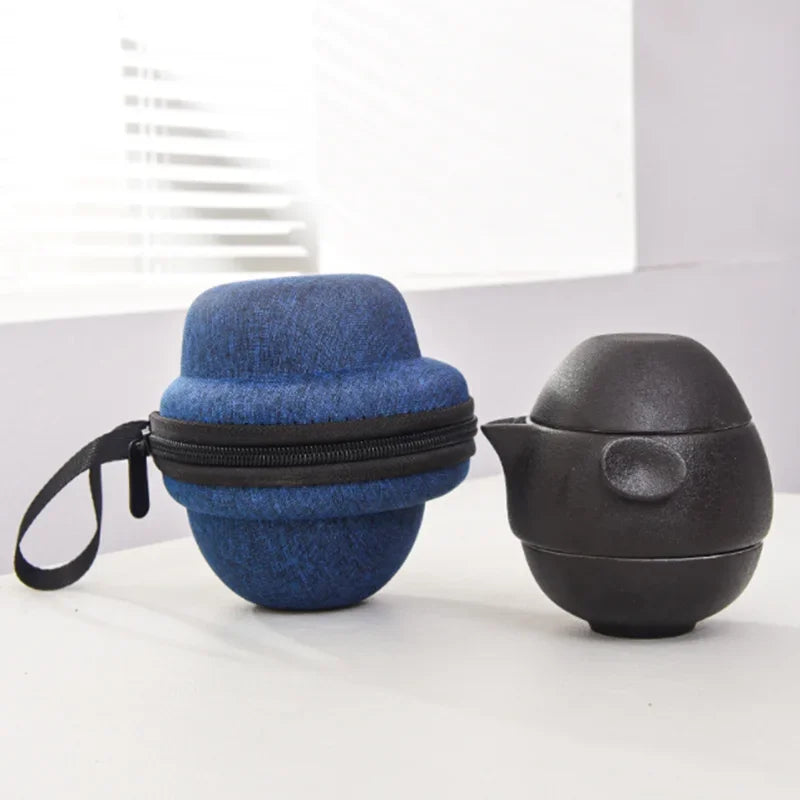 Portable Black Ceramic Tea Set for One Teacup with 2 Cups Travel Tea Set with Travel Bag Teaware Gift