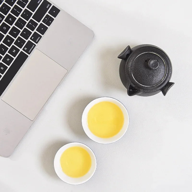 Portable Black Ceramic Tea Set for One Teacup with 2 Cups Travel Tea Set with Travel Bag Teaware Gift